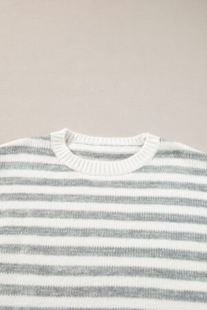 Gray Stripe Drop Shoulder Crew Neck Sweater - Image 6