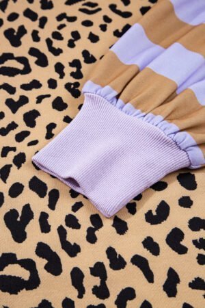 Purple Stripe Color Block Patchwork Leopard Casual Sweatshirt with Slits - Image 8