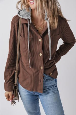 Coffee Hooded Drawstring Pockets Corduroy Shacket - Image 3