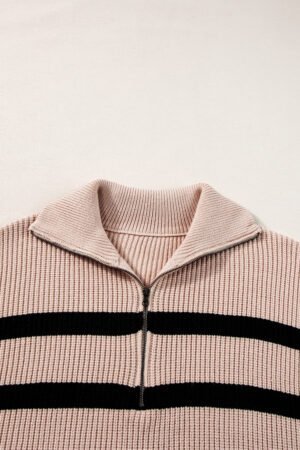 Khaki Stripe Zipped Collar Short Sleeve Sweater - Image 7