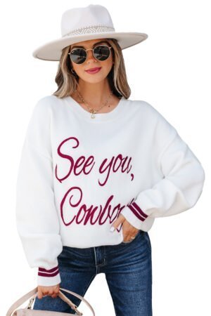 White See You Cowboy Embroidered Western Graphic Sweater - Image 20