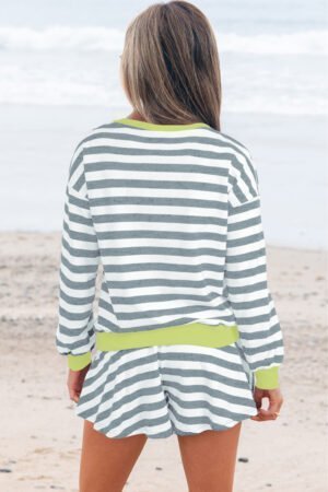 Alternative view of Gray Stripe Contrast Ribbed Banding Long Sleeve Blouse Loose Shorts Set