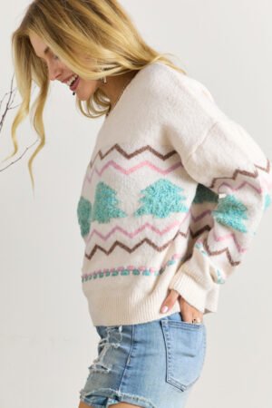 White Striped Christmas Tree Ribbed Trim Drop Shoulder Sweater - Image 4
