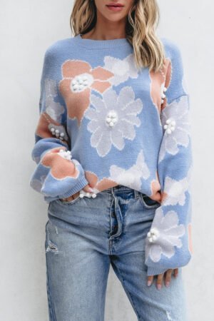 Beau Blue Floral O Neck Drop Shoulder Knitted Sweater - Image 4