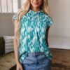 Sky Blue Abstract Print Frilled Crewneck Loose Fit Blouse