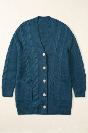 Peacock Blue Cable Knit Button Front Pocketed Baggy Cardigan - Image 3