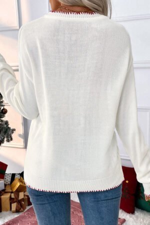 White Bow Pattern Contrast Trim Christmas Loose Graphic Sweater - Image 3