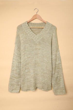 Gray V neck Drop Shoulder Knitted Sweater - Image 4