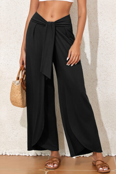Black Knotted Drop Waist Split Leg Relaxed Pants