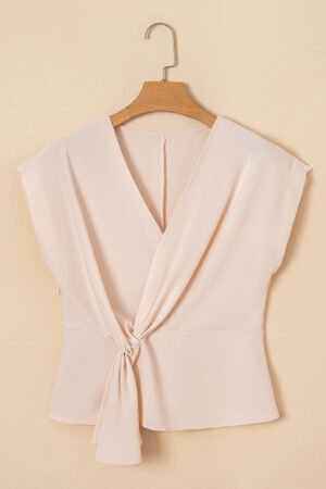 White Surplice V Neck Knotted Ruched Short Sleeve Peplum Blouse - Image 5