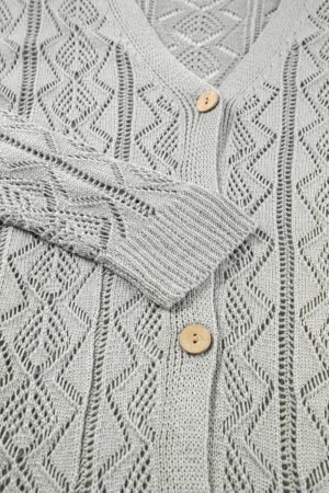 Gray Hollow Out Buttons Front Long Cardigan - Image 7