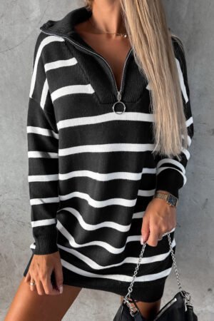 Black Striped O-ring Zip Collared Loose Sweater Mini Dress - Image 5