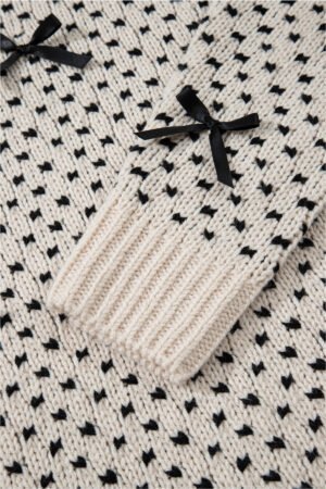 Beige Bow Decor Color Contrast Ribbed Edge Crew Neck Sweater - Image 7