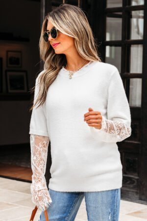Beige Lace Sleeve Patchwork Faux Two-piece Fuzzy Sweater - Image 11