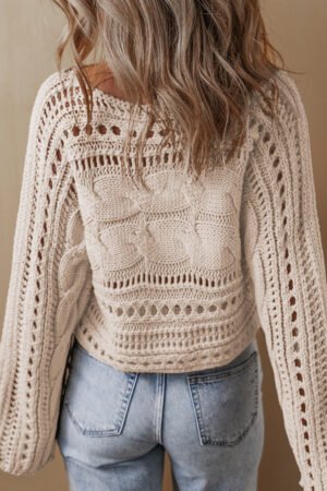 Smoke Gray Hollow-out Cable Knit Cropped Sweater - Image 2