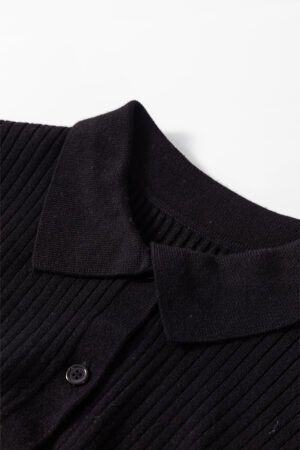 Black Ribbed Knit Collared Slim Fit Sweater Cardigan - Image 6