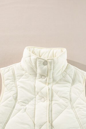 Beige Quilted High Neck Button Up Pocket Vest Coat - Image 6