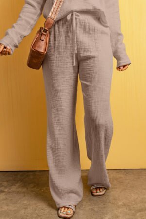 Smoke Gray Textured Loose Fit Drawstring Elastic Waistband Pants