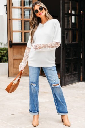 Beige Lace Sleeve Patchwork Faux Two-piece Fuzzy Sweater - Image 13