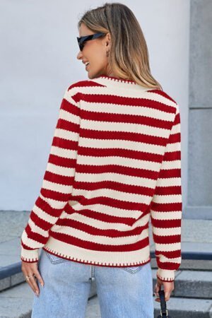 Red Stripe Chic Golden Button Cardigan Sweater - Image 3