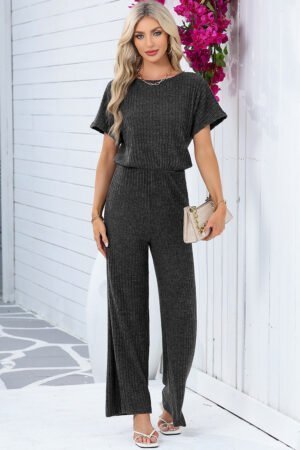 Dark Grey Ribbed Keyhole Short Sleeve Wide Leg Jumpsuit - Image 5