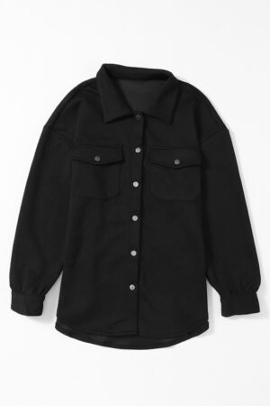 Black Solid Textured Flap Pocket Buttoned Shacket - Image 5