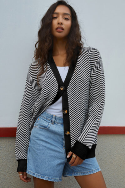 White Stripe Buttoned Front V Neck Herringbone Cardigan