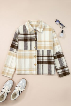 Multicolour Plaid Patchwork Side Pockets Buttoned Shacket - Image 7