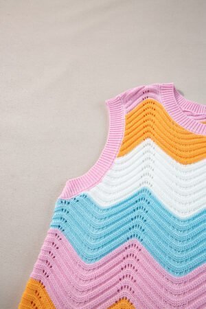 Multicolour Striped Colorblock Scalloped Hem Knitted Vest - Image 7