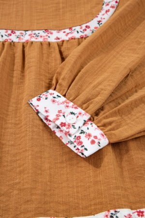 Straw Yellow Split Neck Pleated Floral Trim Long Puff Sleeve Blouse - Image 5