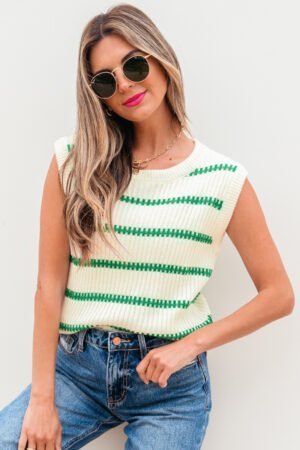 Bright Green Striped Round Neck Casual Sweater Vest - Image 4