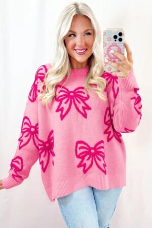 Pink Bow Pattern Drop Shoulder Loose Sweater - Image 4