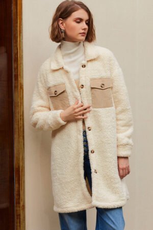 Beige Contrast Flap Pocket Single Breasted Teddy Coat - Image 4