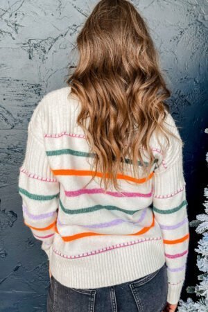 White Colorful Striped Ribbed Trim Sweater - Image 2