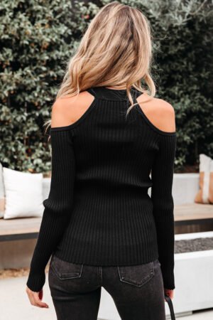 Black Ribbed Knit Cold Shoulder Choker Neck Sweater - Image 10