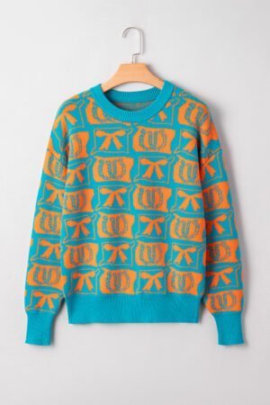 Light Blue Bows & Horseshoes Pattern Western Fashion Print Sweater - Image 3