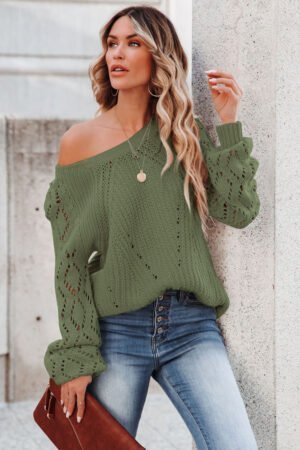 Green Hollow-out Puffy Sleeve Knit Sweater - Image 2