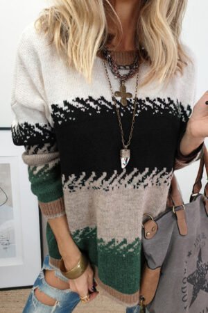 Black Stylish Color Block Pattern Drop Shoulder Sweater