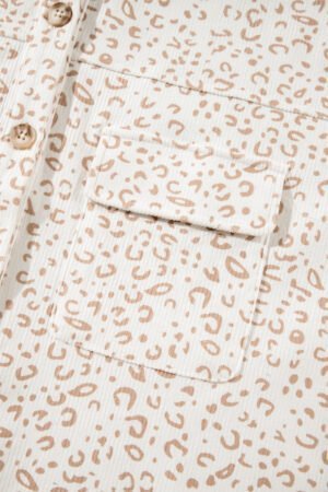 Beige Leopard Print Flap Pockets Buttoned Corduroy Shacket - Image 8