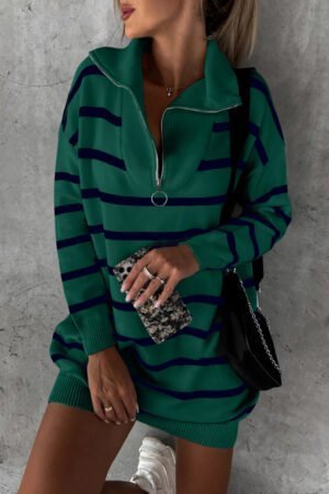 Green Striped O-ring Zip Collared Loose Sweater Mini Dress