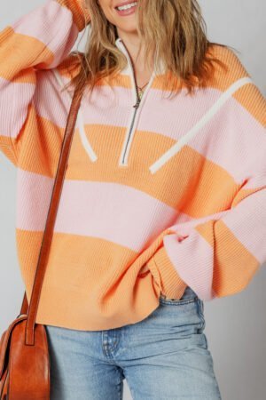 Orange Stripe Colorblock Half Zip Oversize Sweater - Image 4
