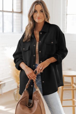 Black Solid Textured Flap Pocket Buttoned Shacket - Image 3