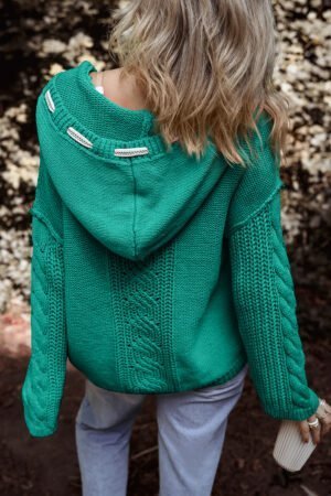 Sea Green Cable Knit V Neck Contrast Drawstring Hooded Sweater - Image 3