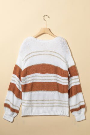 White Striped Knit Puff Sleeve Casual Sweater - Image 5
