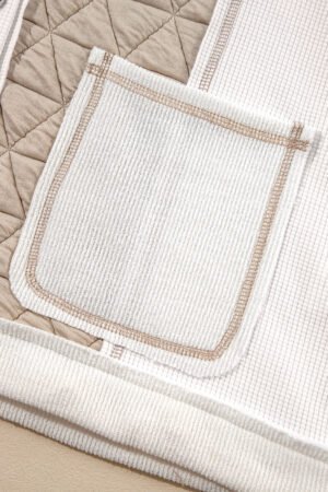 Beige Quilted Textured Patchwork Loose Fit Hooded Jacket - Image 9