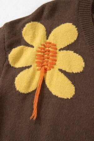 Coffee Big Flower Pattern V Neck Drop Shoulder Sweater - Image 7