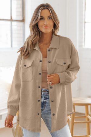 Khaki Solid Textured Flap Pocket Buttoned Shacket - Image 4