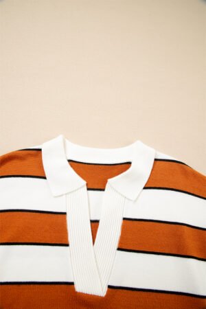 Brown Stripe Ribbed Polo Collar Drop Shoulder Sweater - Image 7