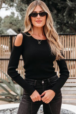 Black Ribbed Knit Cold Shoulder Sweater - Image 9