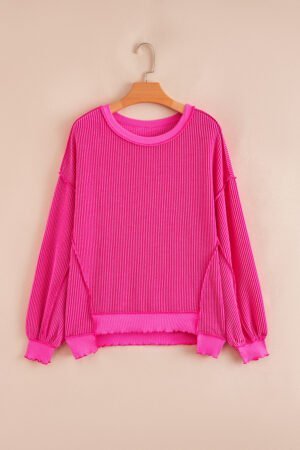 Strawberry Pink Twisted Rib Uneven Hem Drop Shoulder Loose Knit Top - Image 6